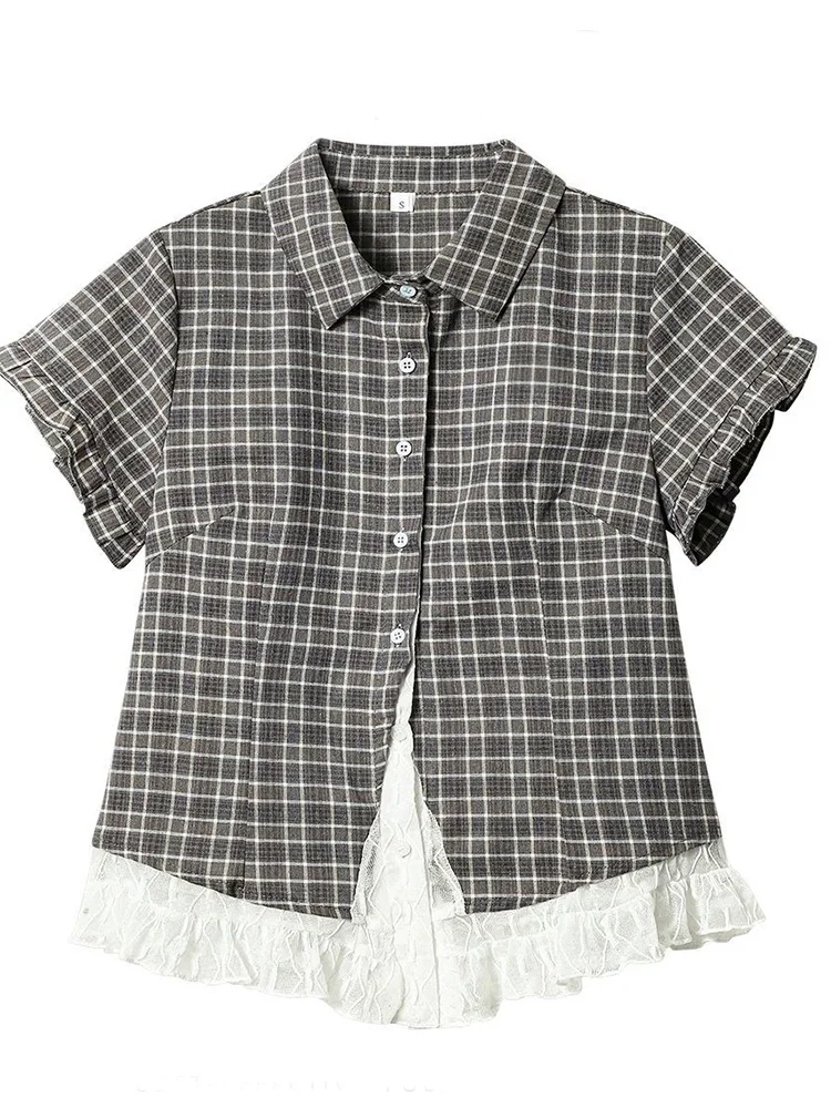 Lace Patchwork Plaid Shirt Women Summer Sweet Short Sleeve Vintage Blouse Slim Sweet Retro Japan Kawaii Female Cute Casual Tops image 6