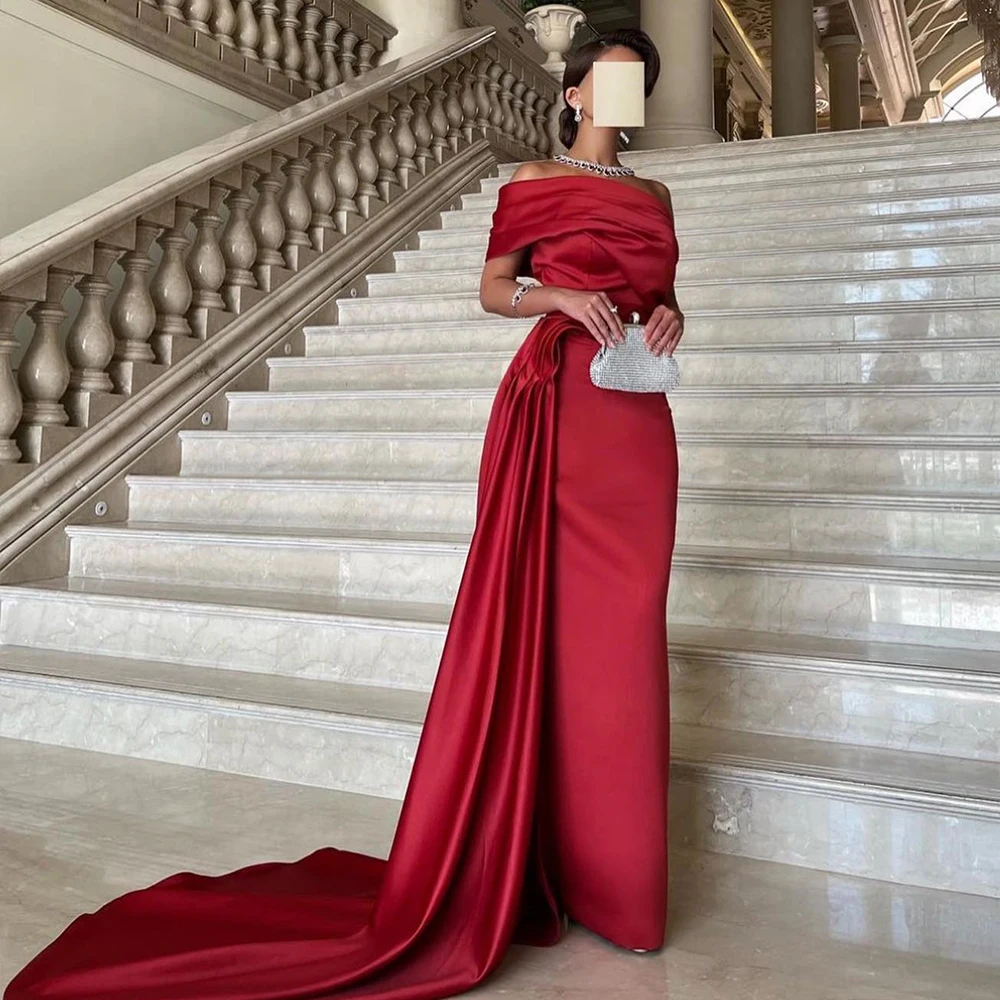 Customized Classic Boat Neck Off the Shoulder Red Jersey and Satin Prom Dresses Modern Panel Train Pleats Evening Gowns for Lady