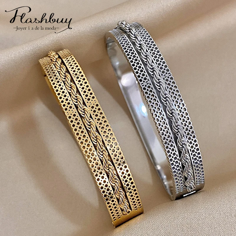 Flashbuy Chunky Gold Color Twisted Wide Stainless Steel Bangles Bracelets for Women Men Trendy Unique Design Waterproof Jewelry