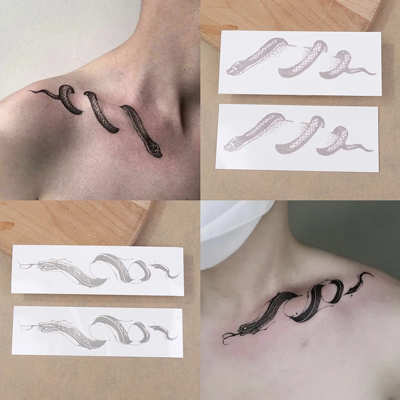 2Sheets Collarbone Dark Snake Pattern Personalized Snake Clavicle Tattoo Sticker Waterproof Lasting Temporary Tattoo Stickers