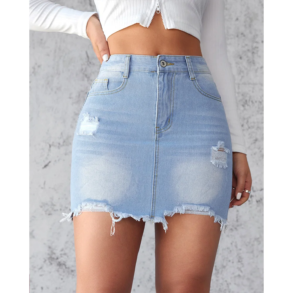 2024 Summer New Slim Fit Perforated Denim Skirt Women's Light Washed Fleece A-line Skirt Casual Slim Cowboy Skirt