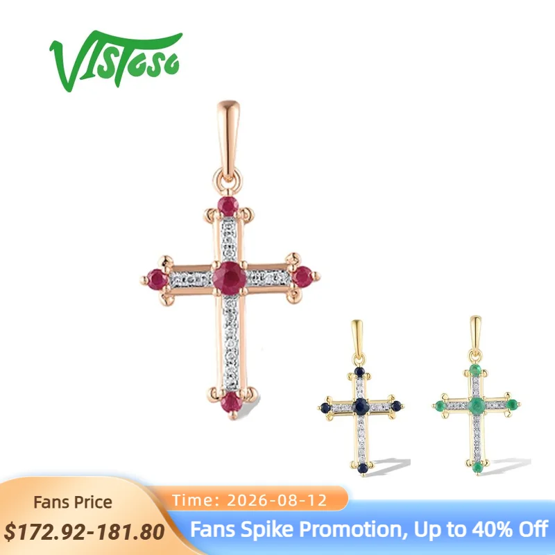 VISTOSO Real 14K 585 White Yellow Rose Gold Cross Pendant For Women Shiny Ruby/Sapphire /Emerald Diamond Wedding Fine Jewelry