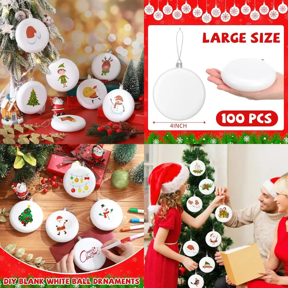 

4-дюймовые белые рождественские шаровые украшения - 100 упаковок пластиковых матовых плоских дисков для украшения рождественской елки, поделок своими руками и рисования