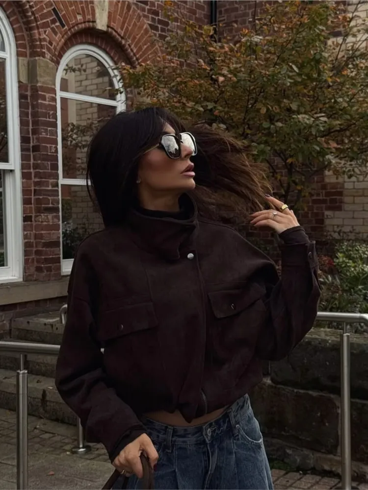 Autumn Women Faux Suede Jacket with Zipper Simple  High Collar Elegant Lady Warm Oversize Coats Chic Female Tops