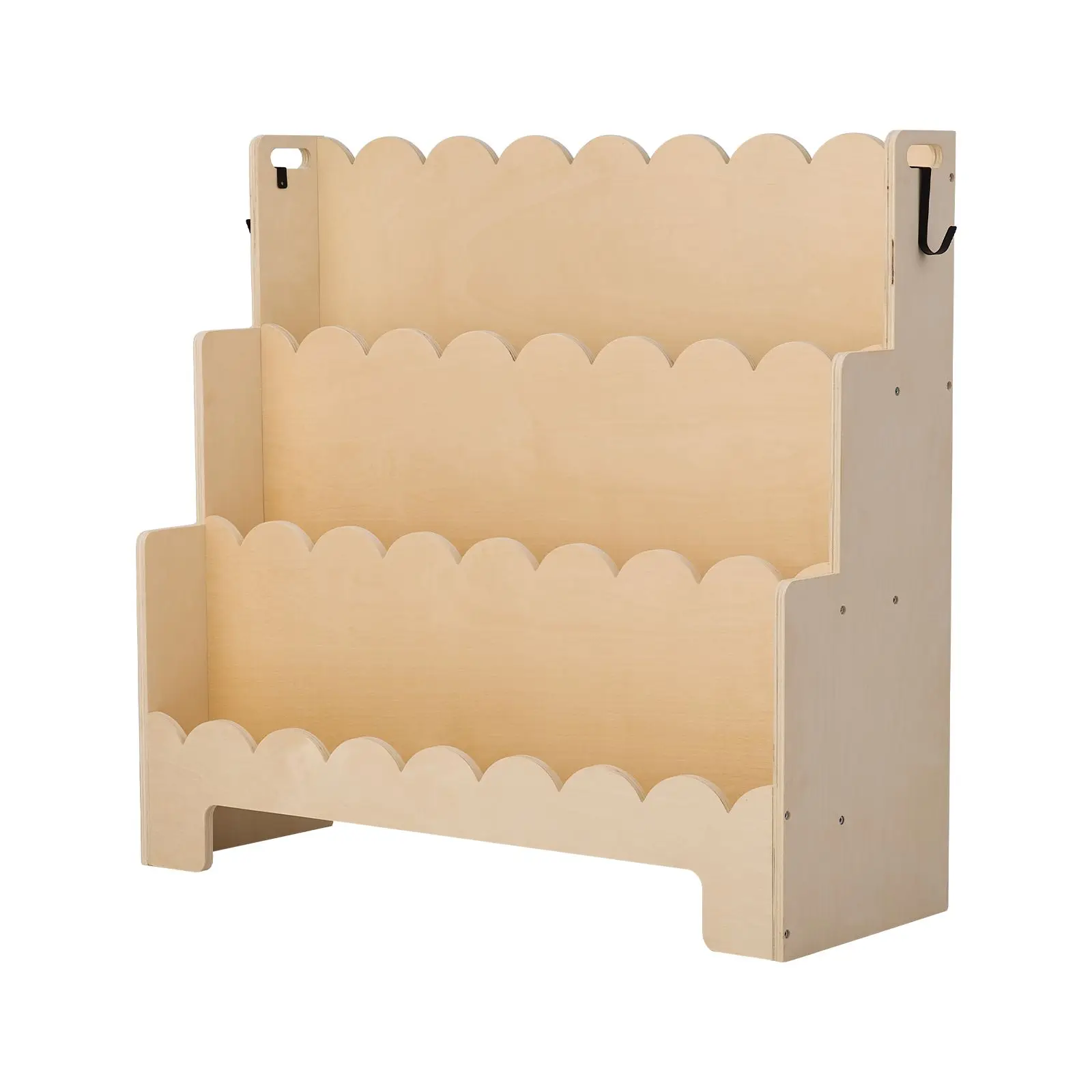 Montessori Bookshelf, 3-Tier Scalloped Kids Bookshelf, Front Facing Toddler Bookcase, Dual Hooks for Hanging Backpacks, Baby Bookshelf for Kids Room, Living Room, Entryway, Nursury, Preschool