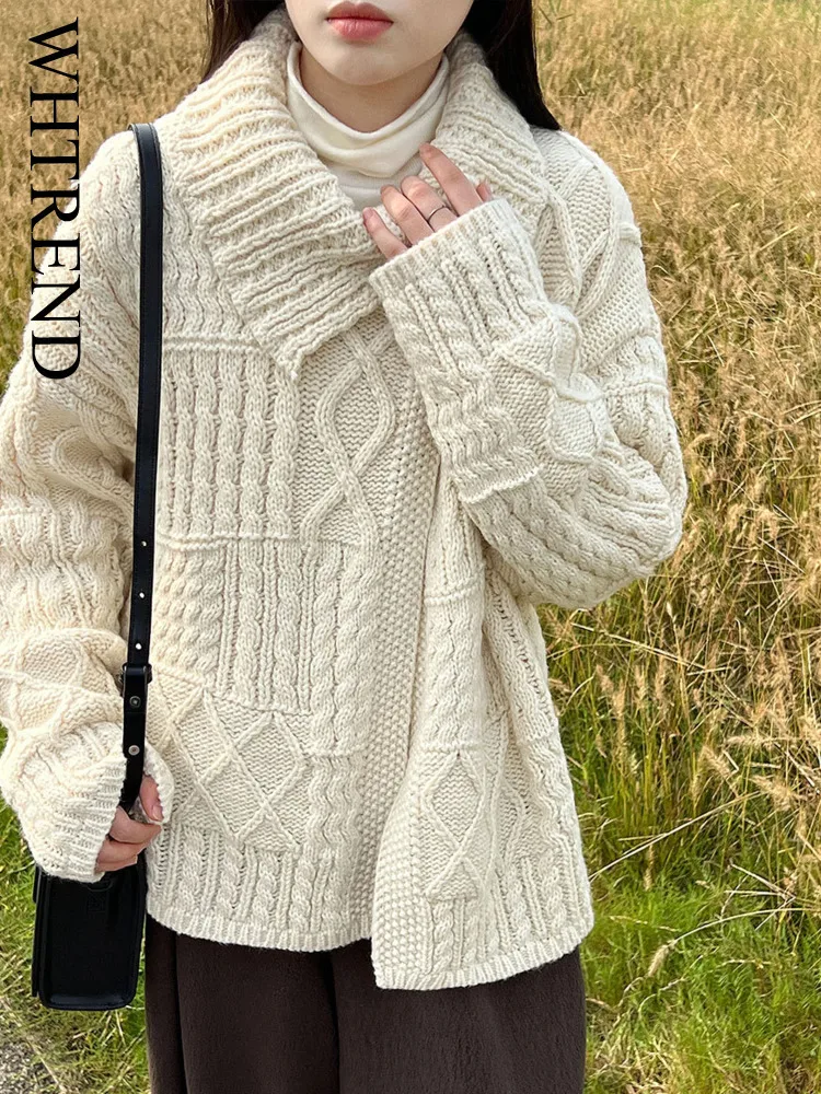 

WHTREND шерстяной стильный свитер с большим воротником для женщин, осенний нишевый дизайн, трехмерные вязаные свитера WH2080