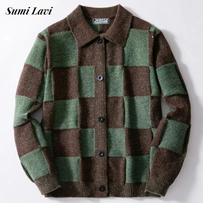 

2025 Autumn Winter Mens Stylish Sweatercoats Long Sleeve Button Lapel Knit Cardigan Tops Men Fashion Plaid Block Knitted Jacket