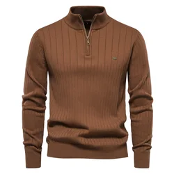 Pull en coton à col montant pour hommes, pull à fermeture éclair, chaud, haute qualité, automne, hiver, nouveau, 2024