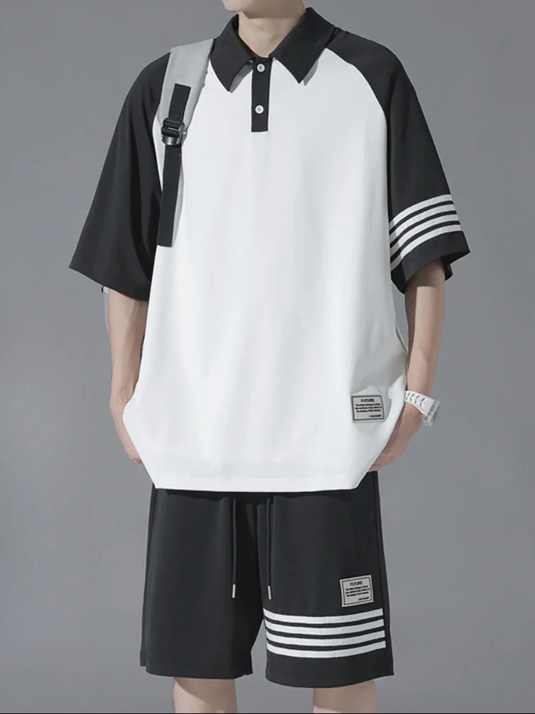 

Мужской комплект из футболки и рубашки с коротким рукавом из ледяного шелка: повседневная летняя спортивная одежда в винтажном американском стиле с цветными блоками и отложным воротником