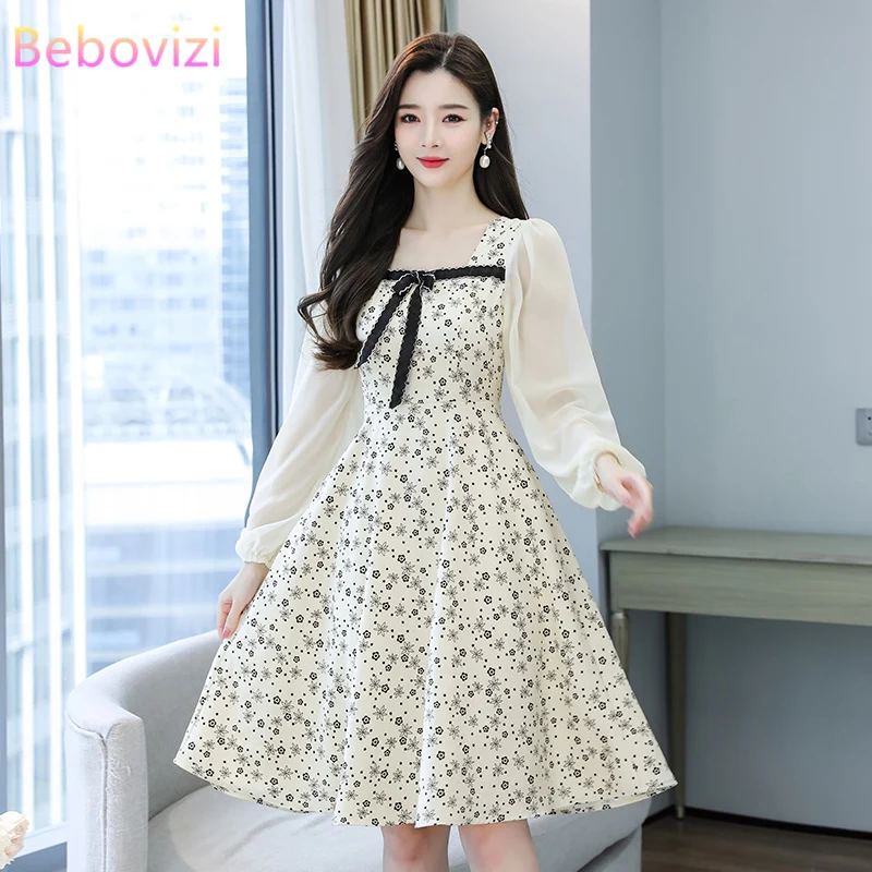 

Fashionable Floral Dress 2024 New Women's Spring Long Sleeve Waist Slim A-line Large Hem Long Dresses