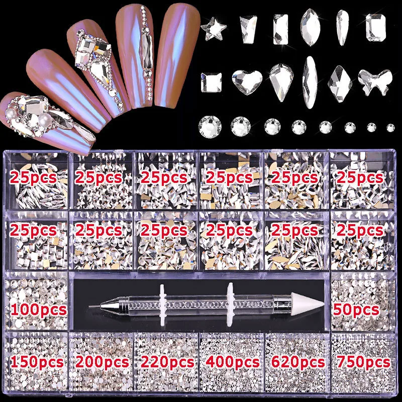 2800 teile/schachtel Luxus Strass Nail art Schmuck Set Glas Nagel Kristalle Box 3D Flache Glas Geformt Diamant Nägel Dekoration Edelstein – Detail 10