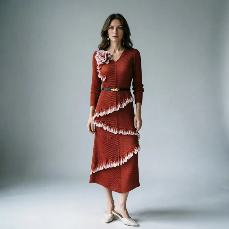 Miyake Pleated 3D Flower Dresses 2026 Autumn New Plisse V-Neck Asymmetrical Layered Ruffle Waist-Cinched Mid-Length Pleats Dress
