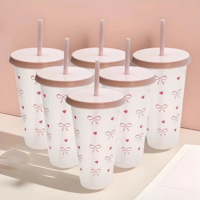 ZZ Wasserflasche, ästhetischer Becher für Eis, Kaffee, Saft, Tee, niedliche Schleife, Plastikbecher mit Strohhalmdeckel, tragbare Trinkflasche