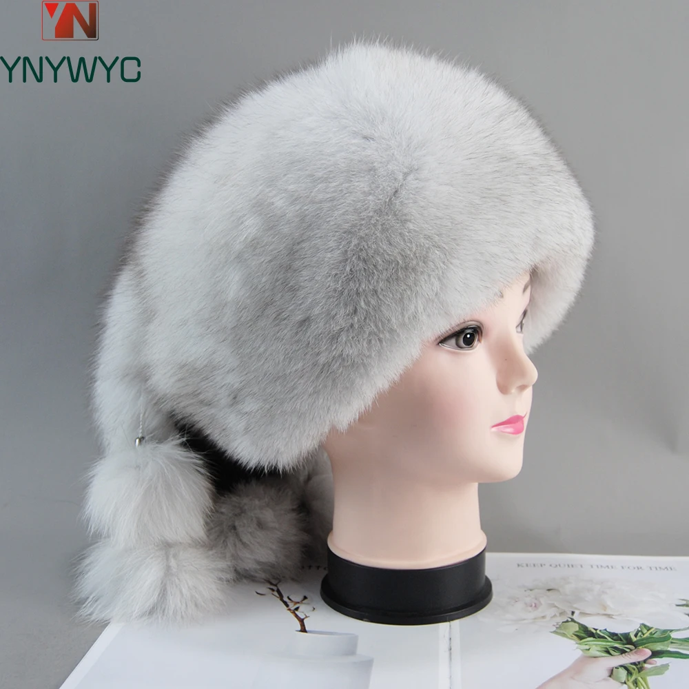 Brand Luxurious Women Thick Warm Fluffy Real Fox Fur Hat Full Pelt Lady Real Fur Caps Winter 100% Natural Fox Fur Bomber Hats