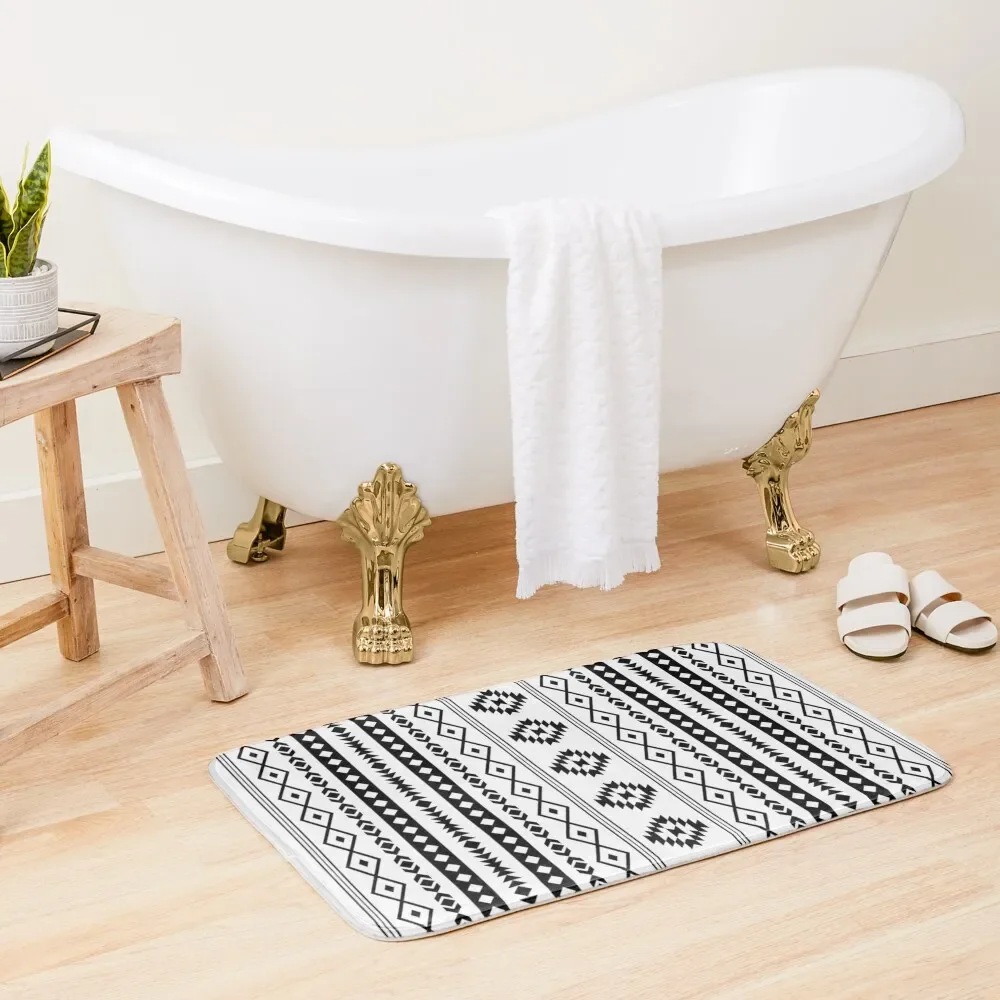 

Aztec Black on White Mixed Motifs Pattern Bath Mat Floors Non-Slip Pad Hallways Mat