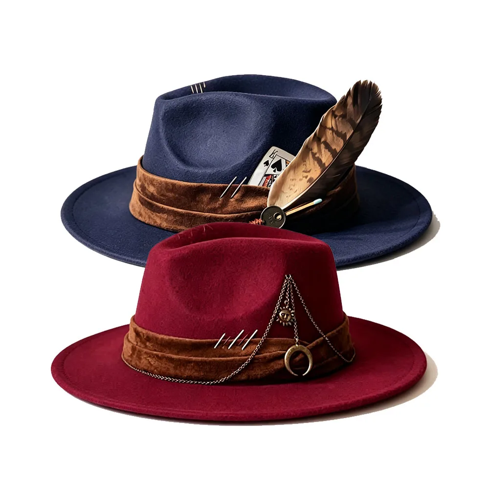 Vintage Gothic Fedora Hat with Poker Card Feather Pack Metal Chain Crescent Moon Velvet Band Woolen Jazz Hats for Women Men