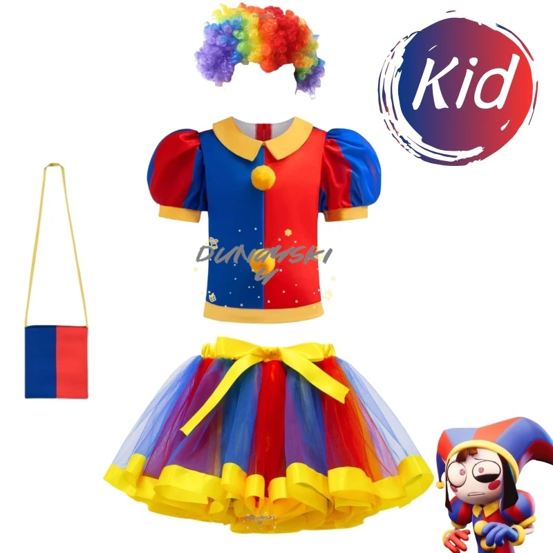 The Amazing Pomni Kinder Cosplay Kostüm Mädchen Prinzessin Digital Top + Tutu Rock + Tasche Kinder Halloween Karneval Sommerkleid