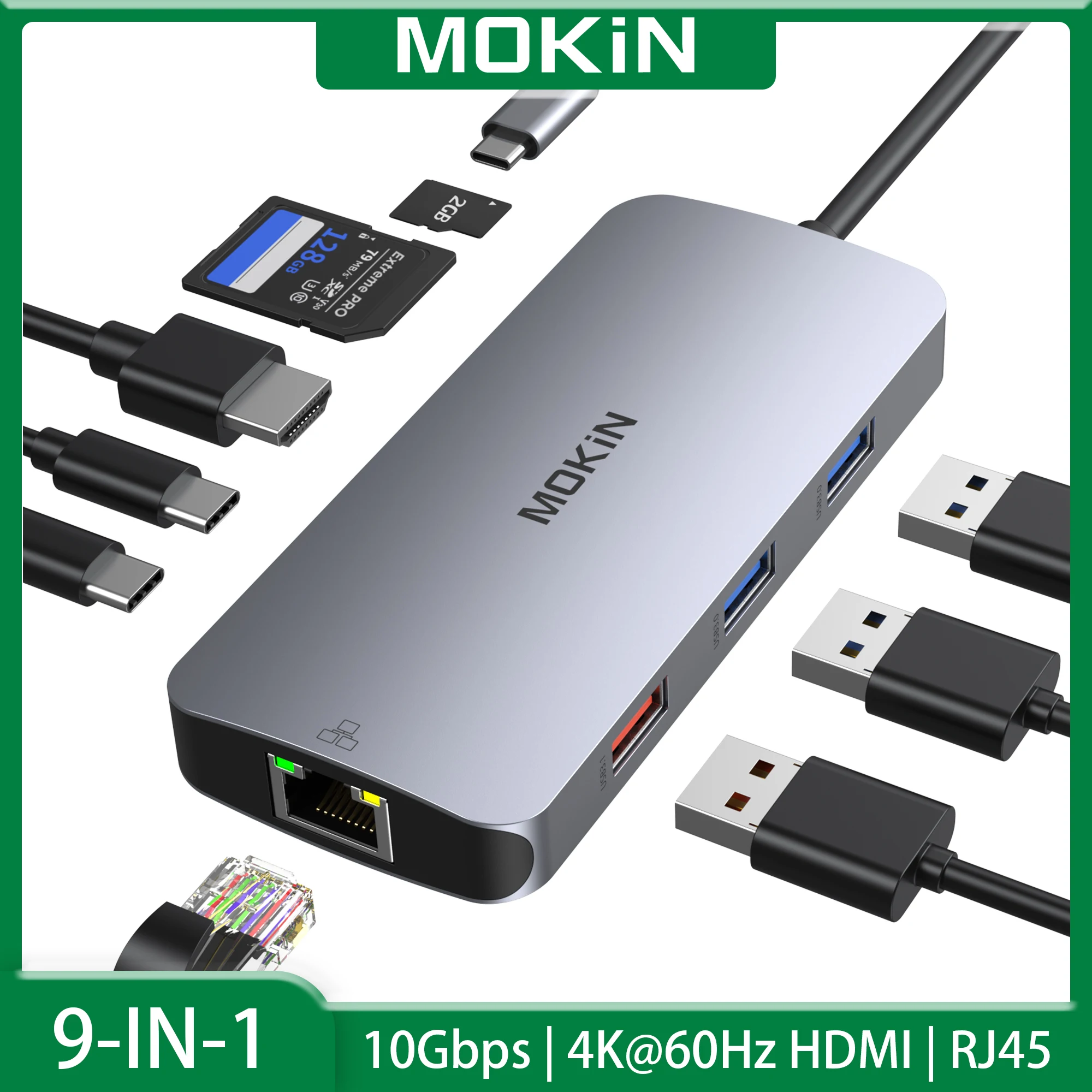 MOKiN 9 in 1 Adapter Type C to USB HDMI 4K@60Hz USB Hub to USB-C 3.0 USB-A 3.1 RJ45 SD/TF for MacBook Air/Pro iPad USB Splitter