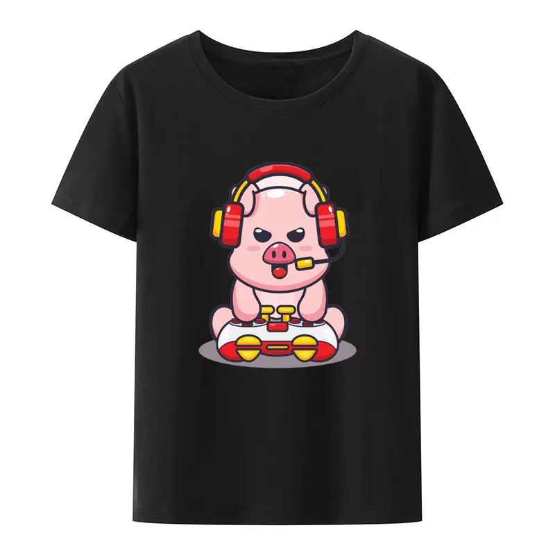 Cute Pig Play A Game Cartoon Print T Shirt Women Men Short Sleeve Trending Hipster Tees Comfortable Creative Fashion Streetwear