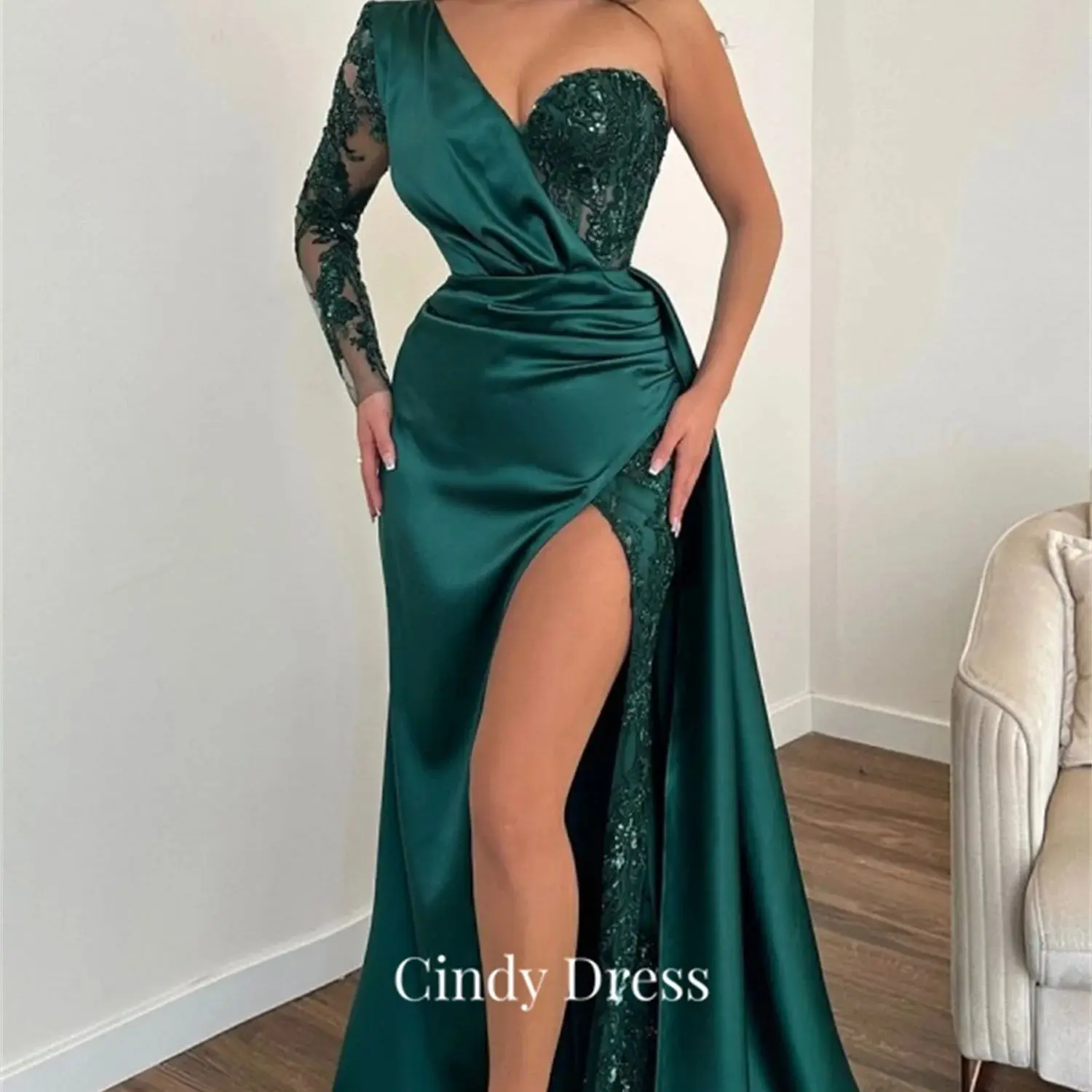 

Cindy Sexy Applique Mermaid Green Lace Satin Cocktail of Dresses Ball Gowns Luxury Evening Dress 2023 Luxurious Wedding Women