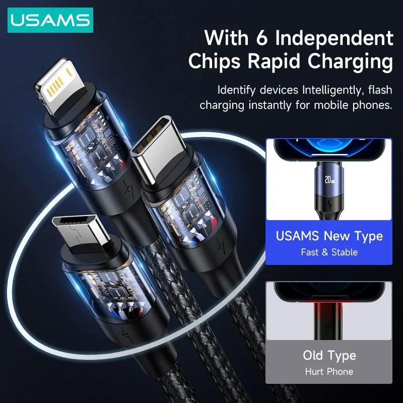 USAMS 100W 6A 3 in 2 Cable USB A To Type C Cable PD Fast Charge USB-C Mirco Cable For iPhone 14 13 12 11 Pro Max Huawei Xiaomi