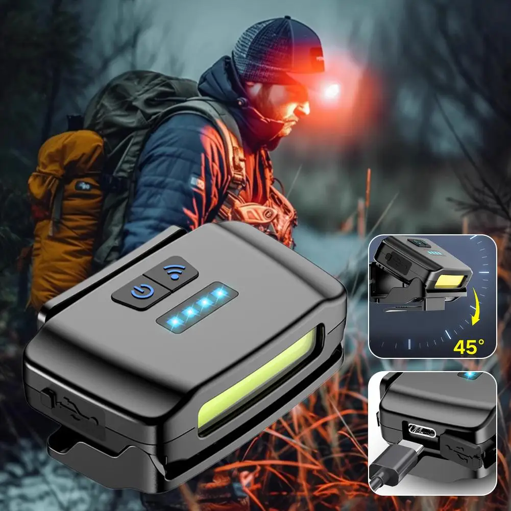 Lanterna de Cabeça Inteligente com Indução de Carregamento, Luz Vermelha para Pesca, Lanterna Portátil com Clipe para Chapéu
