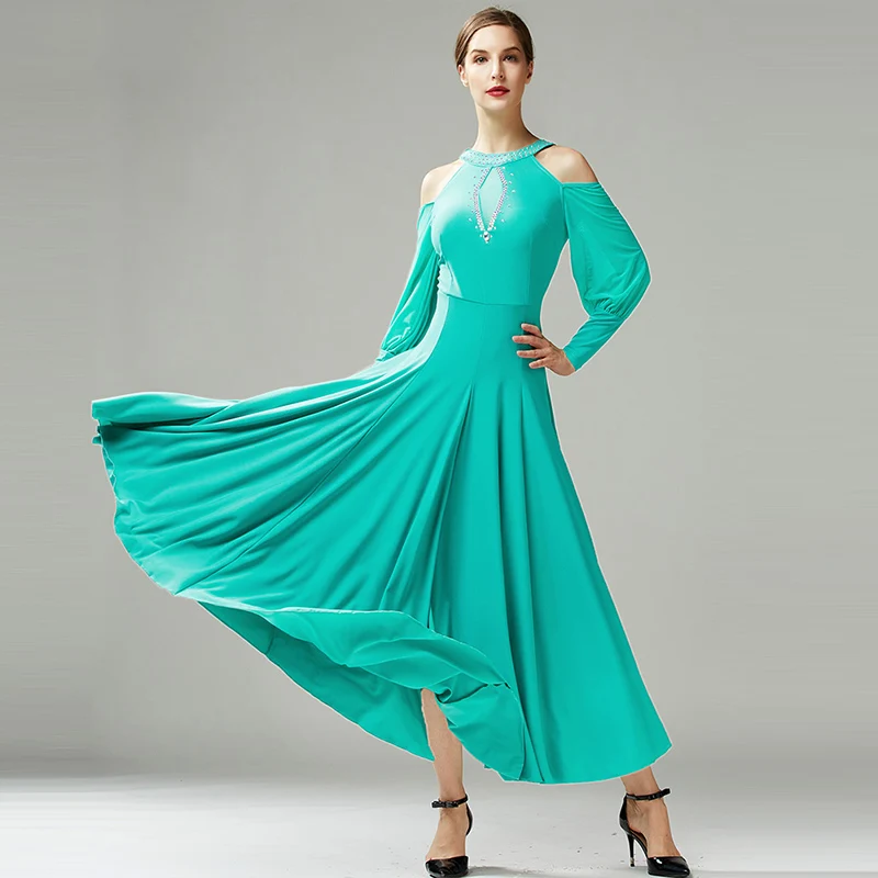 

Adult Off-Shoulder Ballroom Dance Dresses Elegant Lantern Sleeve Waltz Dance Stage Costume Standard Tango Practice Wear DL10033