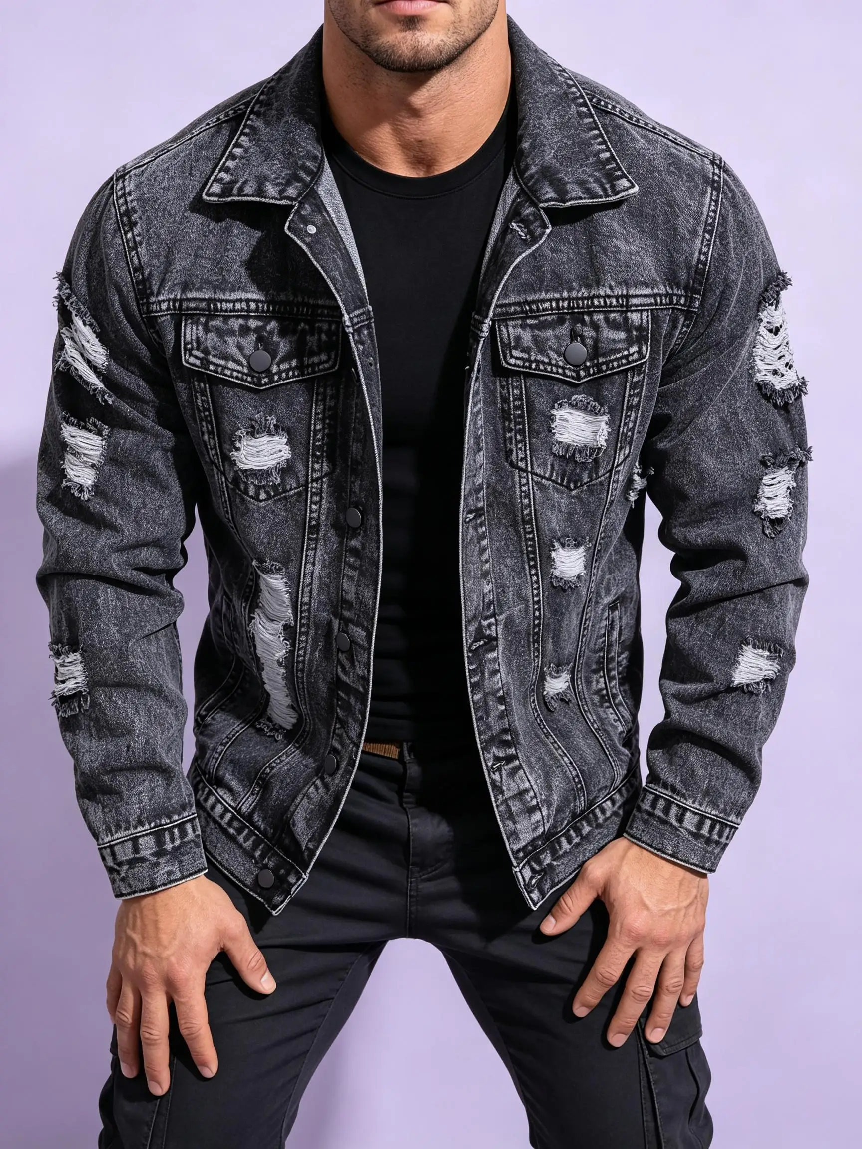 American Street Fashion Y2K Men's Jean Jacket Washed Denim Coat Casual Daily Outfit Gift for Your Lover Husband