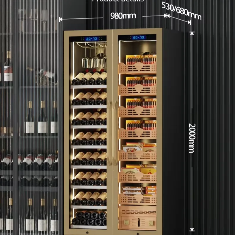 Large Capacity Intelligent Constant Temperature Cedar Wood Golden Double Door Red Wine Cigar Cabinet with Lacquer Tech