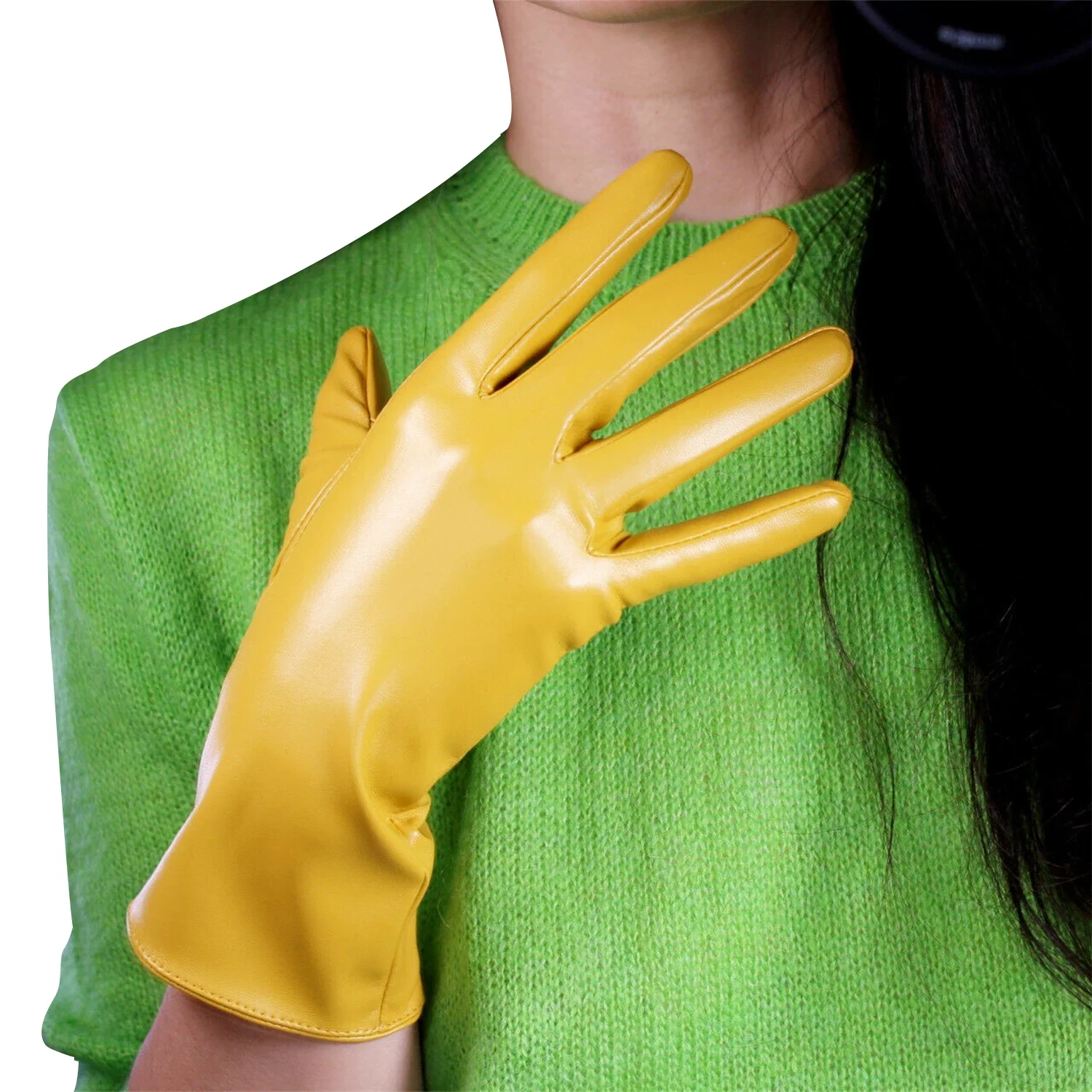 Yellow Leather GLOVES 28cm Wrist Long Faux Lambskin Ginger Mustard Yellow Cosplay Halloween Custome Party FASHION Club Dressing