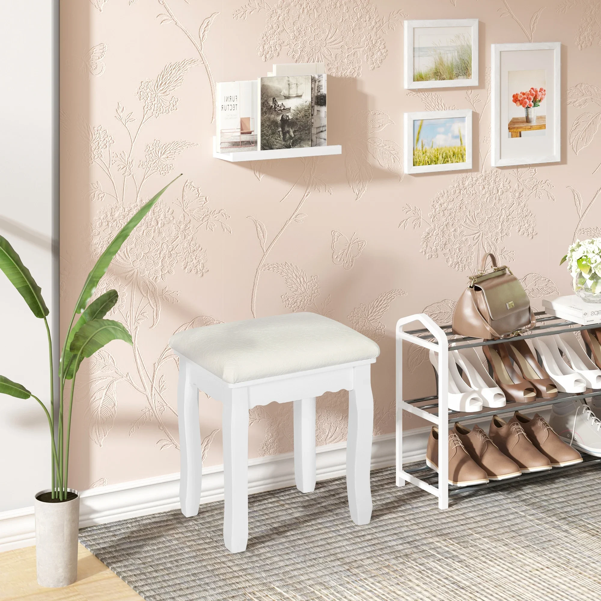 WOLTU Sgabello da toeletta 1 pezzo, stile barocco, bianco, 38x28.5x45cm, in velluto imbottito, sedia per trucco, panca per pianoforte, pouf