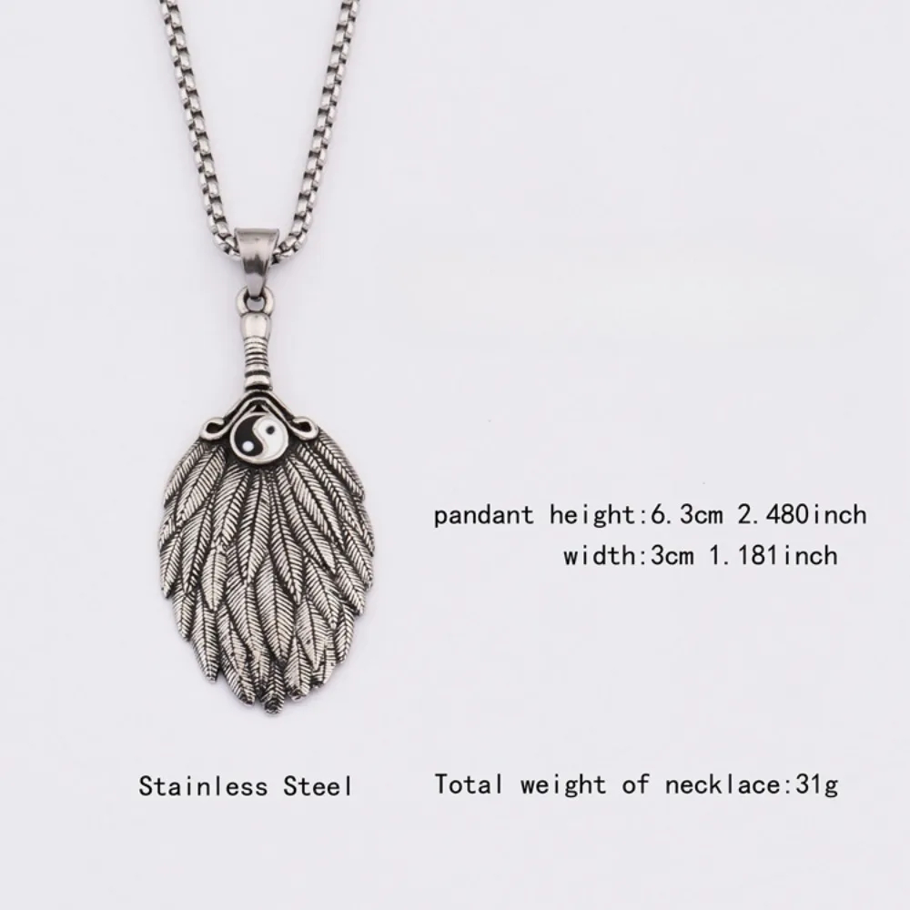 Chinese Style Antique Style Fashion Personality Tai Chi Qiankun Feather Fan Stainless Steel Necklace Pendant