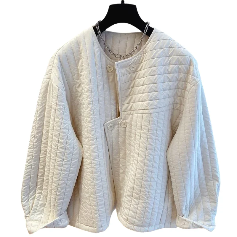 

2025 New Women Casual Warm Cotton-padded Jacket Fashion Loose Long Sleeve Coat Fall Winter Retro Irregular Solid Color Jacket