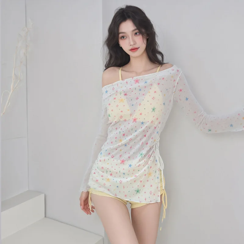 

New Cute Pure Desire Style Split Flat Corner Pants Conservative Long Sleeve Star Hoodie 3-Piece Swimsuit Women's Hot Spring Soak