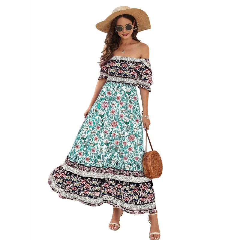 ASDS-Vestido feminino verão 2025, ombro de fora, boho, estampa floral, em camadas, casual, fluido, longo, maxi