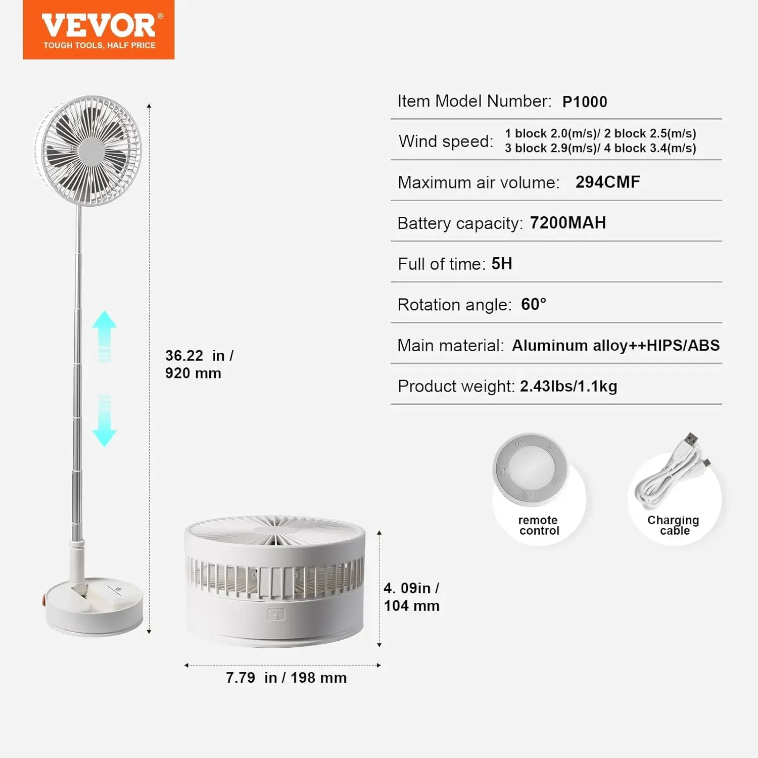 8 Inch Foldable Oscillating Standing Fan with Remote Control, 4 Speed Adjustable Desk Fan, 7200mah Rechargeable USB Small Fan
