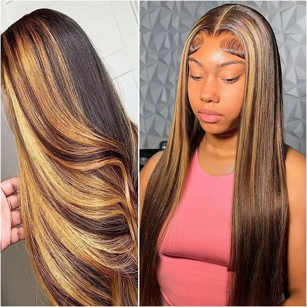 Highlight Wigs Straight 13X6 Hd Lace Frontal Wig Human Hair 220 Density 38 Inch P4/27 Ombre Pre Plucked Brazilian Hair Wigs