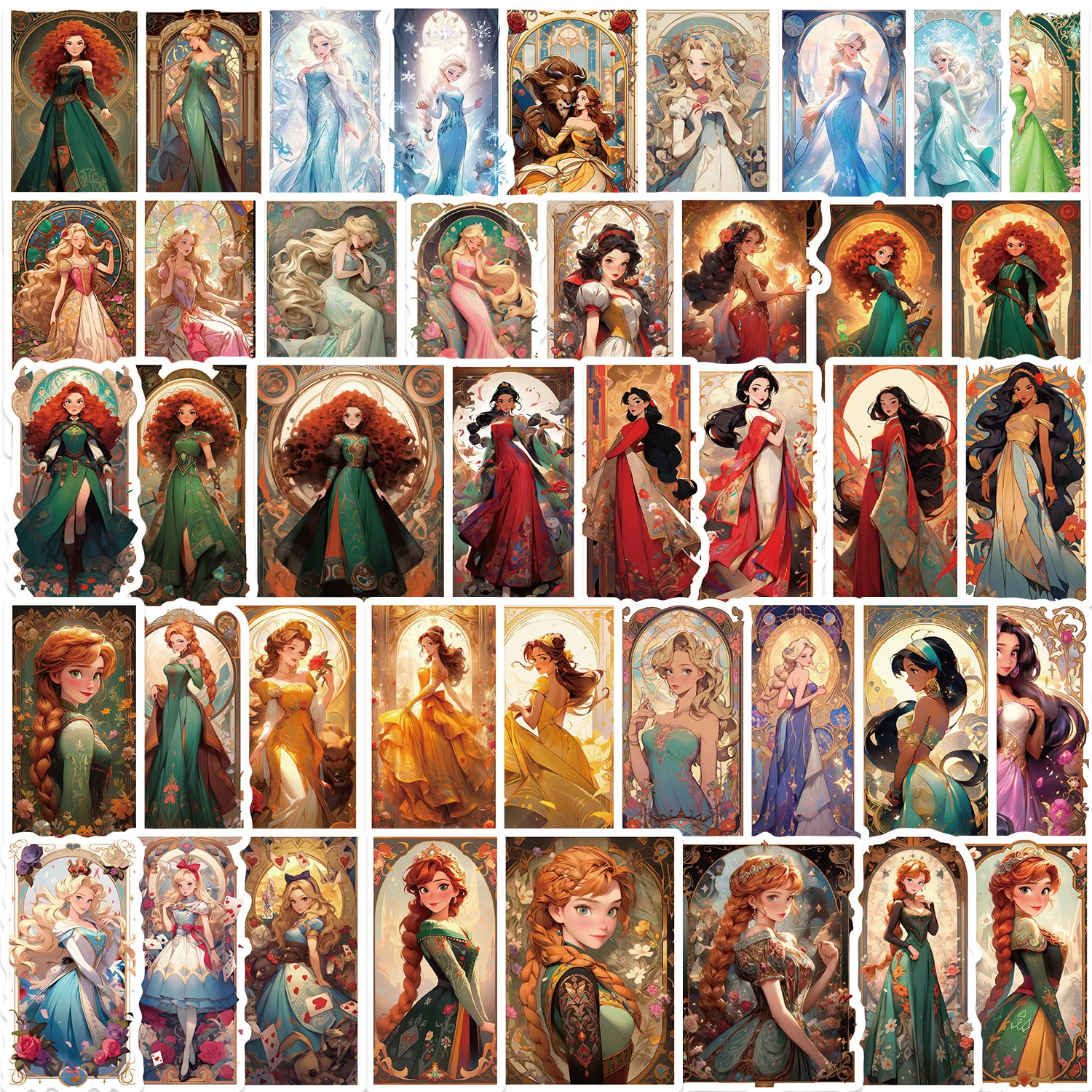 50pcs Cartoon Princess Cards Stickers for DIY Girls Scrapbooking Stationery Water Bottle Phone Laptop Guitar Decal Kids﻿