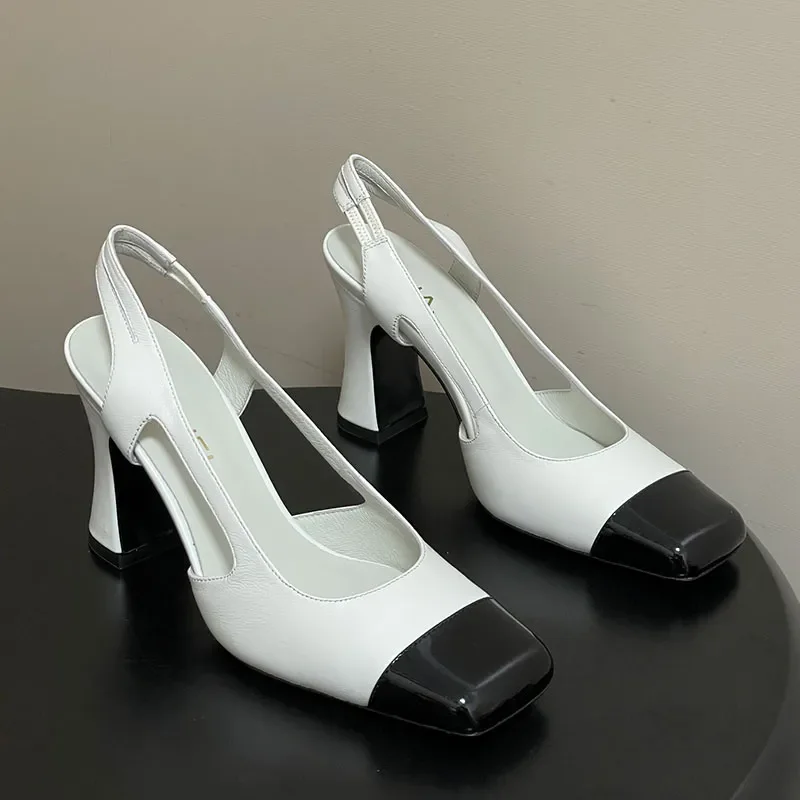 

Womens Leather Slingback Pumps Designer Medium Heel Thick Heel Square Head Sandal Ladie Style Color Blocked High Heels Genuine L