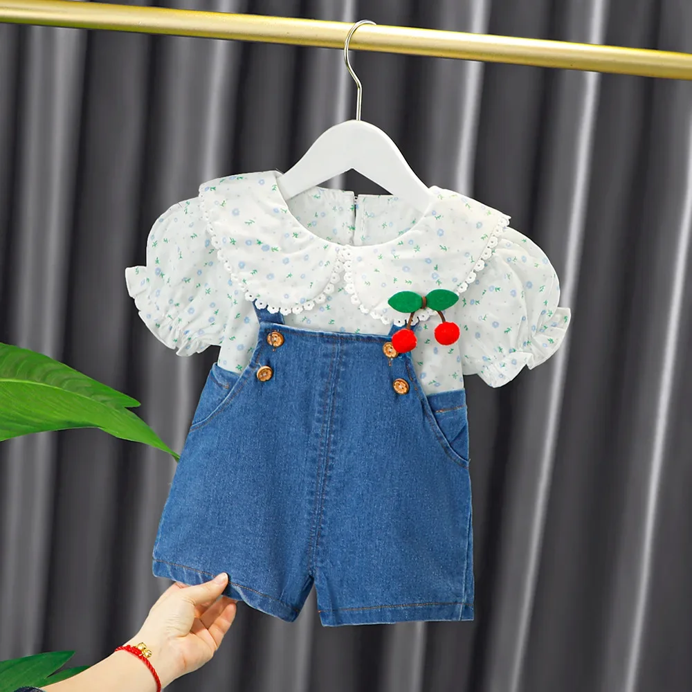 

Baby Girl Clothes Summer Cute Puff Sleeve Toddler Girl Outfit Lace Lapel Flower Print Siamese Sling Sweet Princess 2-Piece Set