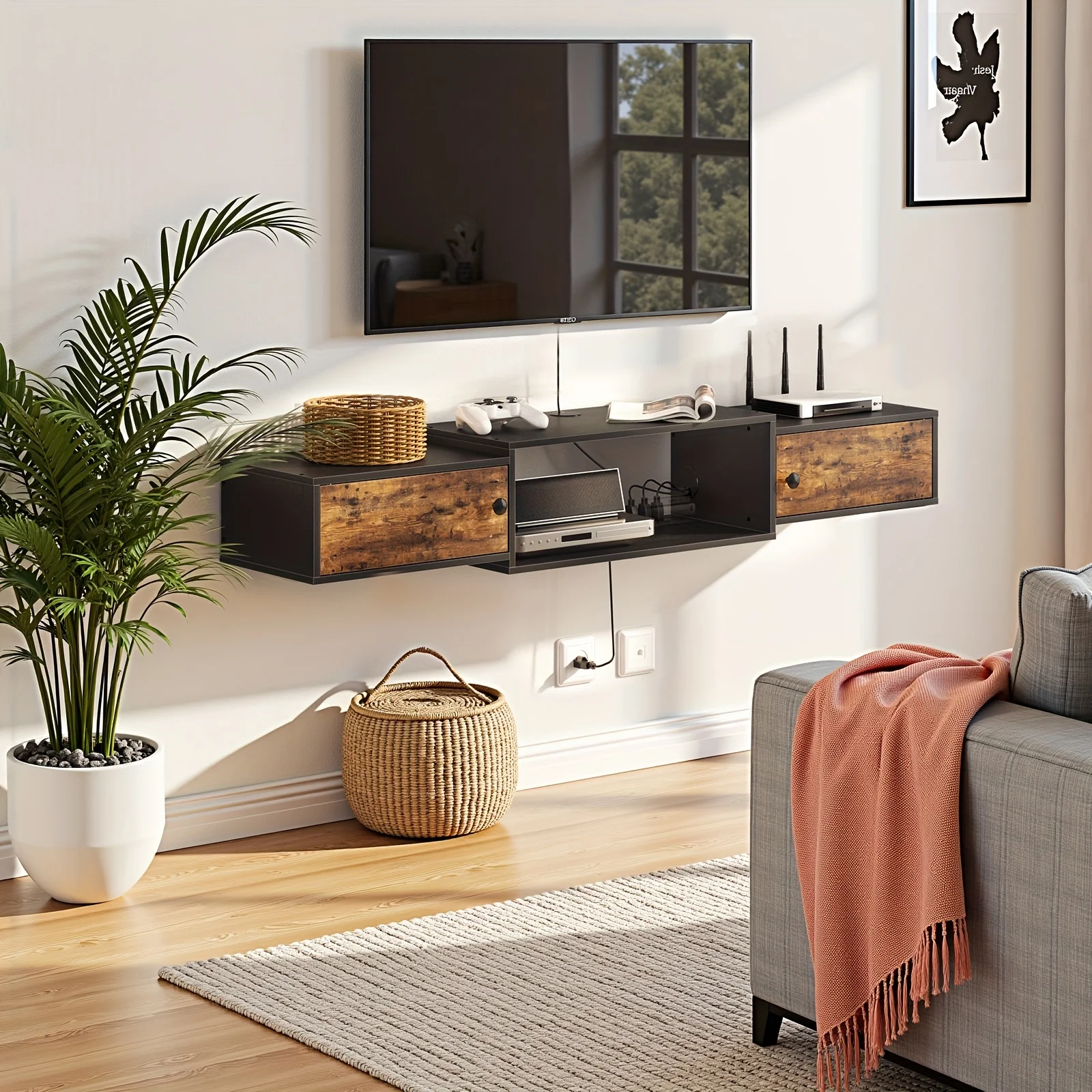 

Rustic Brown And Black, 55" Floating TV Stand With Power Outlet, Modern Wall Mounted Media Console Shelf Cabinet For Under TV Storage, Entertainment Center, Living Room, Bedroom