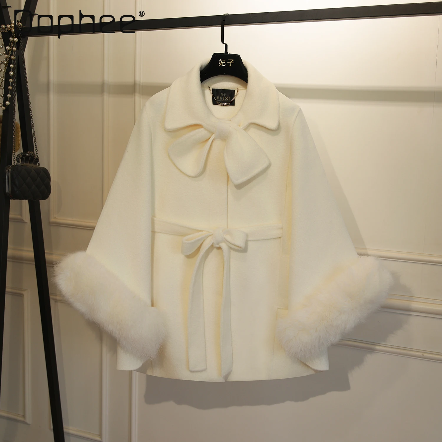 

Korean Style Ins Trend Doll Collar Plush Cape Wool Coat Women Shawl Elegant Slim Bowknot Solid Color Versatile Overcoat Winter