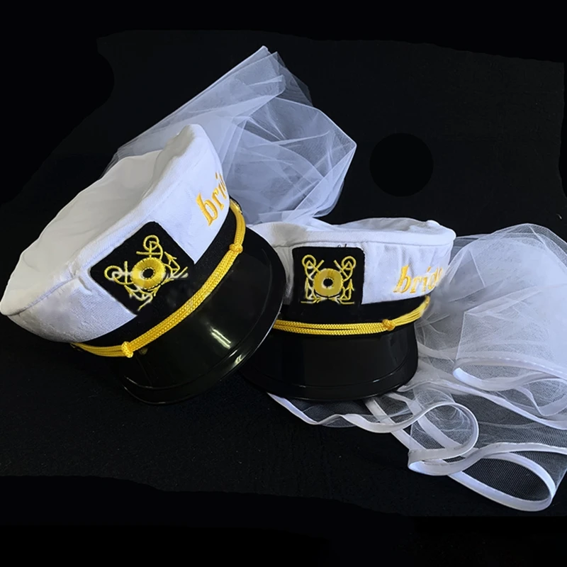 Sailor Captain Hat Veil Nautical Bachelorette Party Bridal Sailor Cap with Veil Embroidery Beach Ocean Boat Bride Gift