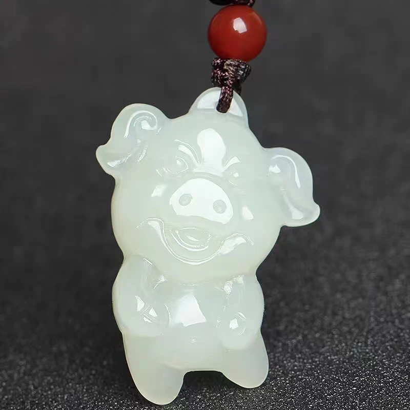 Natural Hetian Pig mascot Men Kunlun White Jade Necklace Men and Women Couple Twelve Zodiac Pendants P0058