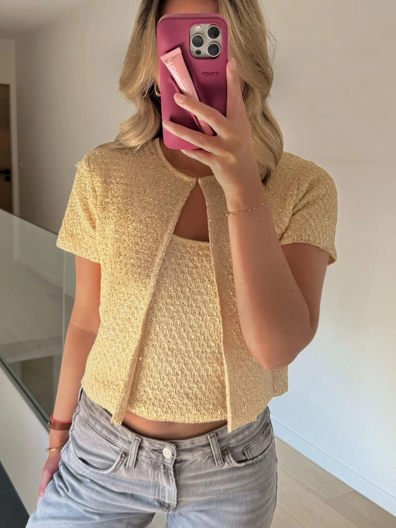 

Fashion sequin knitted women's two-piece suspenders sleeveless vest round neck short sleeves open needle 2025 summer casual wear