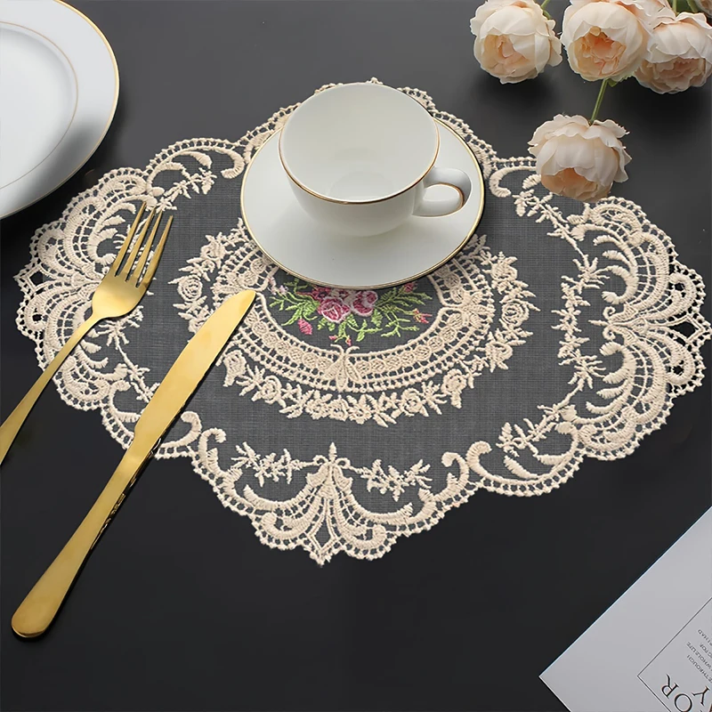 1pc Mesh Flower Embroidered Oval Placemat Retro Lace Coaster Cup Table Mat Party Christmas Tablecloth Dinner Kitchen Table Decor