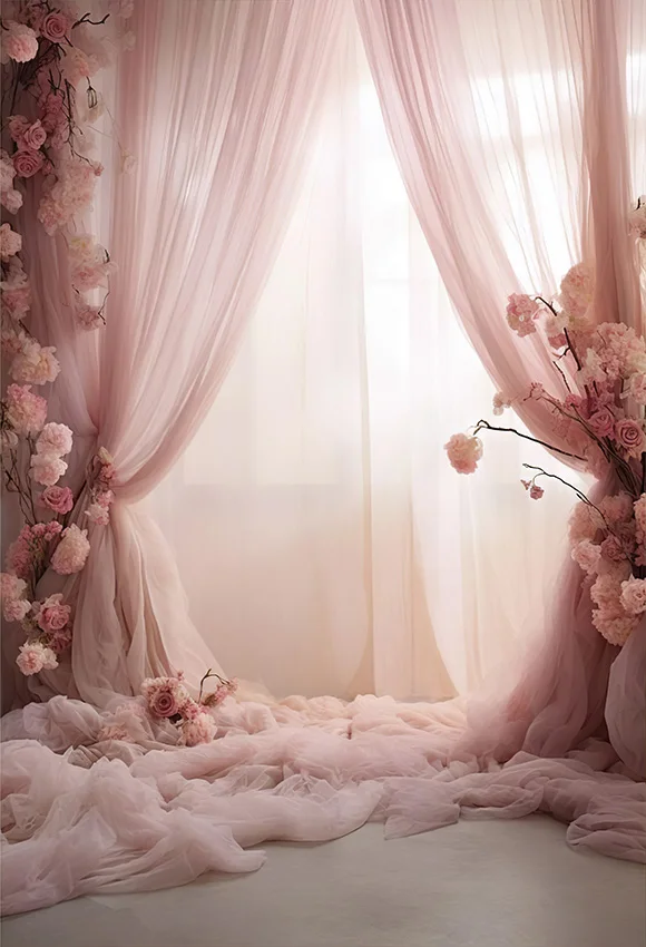 Mehofond Pink Princess Maternity Birthday Wedding Photography Backdrop Flower Window Curtain Girls Decor Photo Background Props