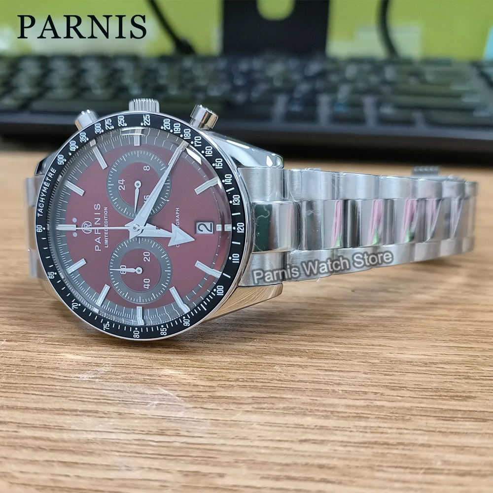 

Parnis 40mm Red Dial Black Bezel Quartz Chronograph Men's Watch Stainless Steel Strap Men Waterproof Sports Watches Gift Clock