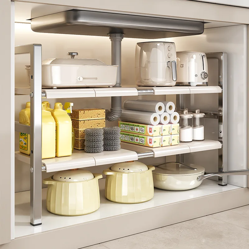 Cross-border stainless steel kitchen rack Kitchen storage Retractable storage rack Multifunctional rack under sink