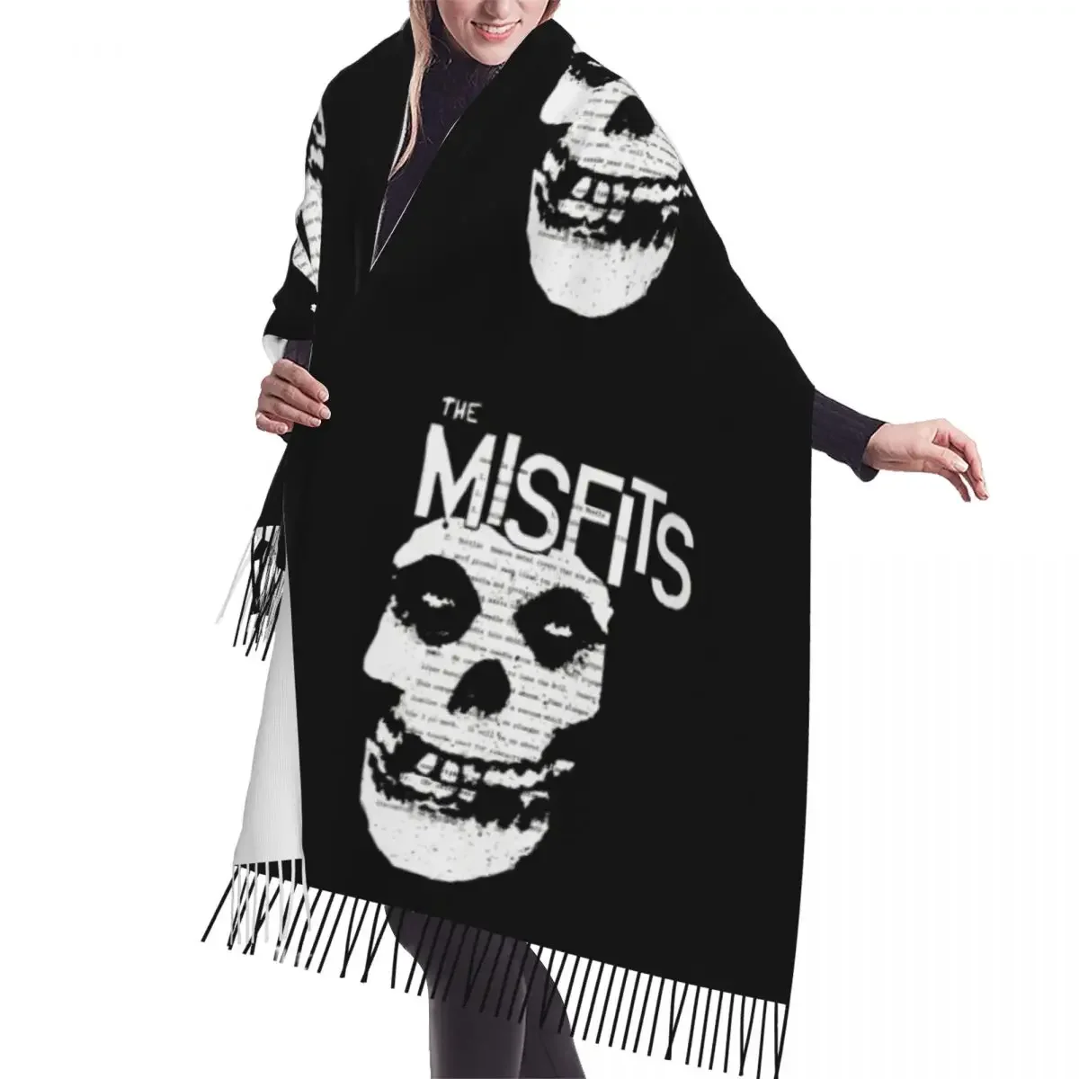 Custom Retro Halloween Misfits Scarf Wrap for Women Long Winter Warm Tassel Shawl Unisex Heavy Metal Scarves